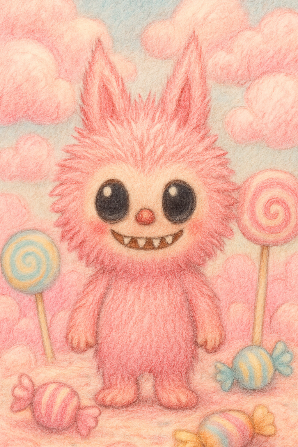 A surreal cute cartoon character inspired by Labubu, with fluffy pink fur, big black glossy eyes, standing in a dreamy candy world. Surrounded by pink cotton candy clouds, pastel lollipops, and wrapped sweets. Soft lighting, childlike atmosphere, textured pencil or crayon drawing style, mobile wallpaper, vertical 9:16 ratio, ultra high resolution., illustrated as a high-resolution wallpaper. 