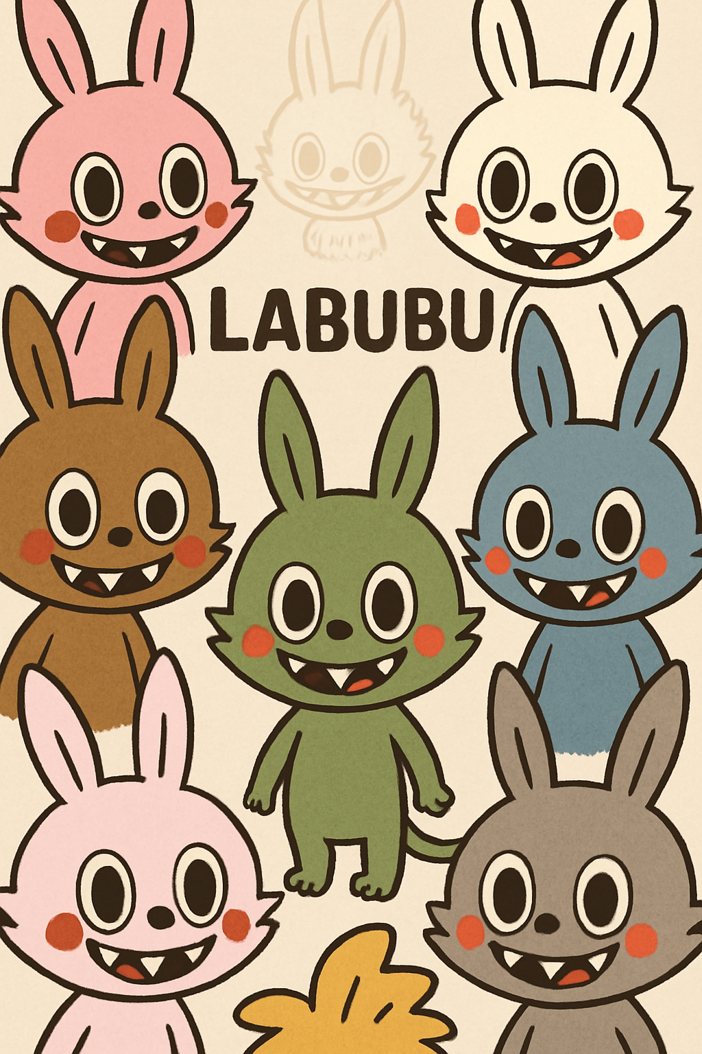 A playful cartoon-style wallpaper featuring multiple Labubu characters with different fur colors (pink, white, brown, green, blue, and gray). Each character has large round eyes, red cheeks, pointy bunny ears, and sharp white teeth with cute expressions. They are densely clustered together on a light beige background, with a soft sketch of Labubu in the backdrop and the text 'LABUBU' in the center. Clean, flat shading, comic style, vertical mobile wallpaper, high resolution., illustrated as a high-resolution wallpaper. 
