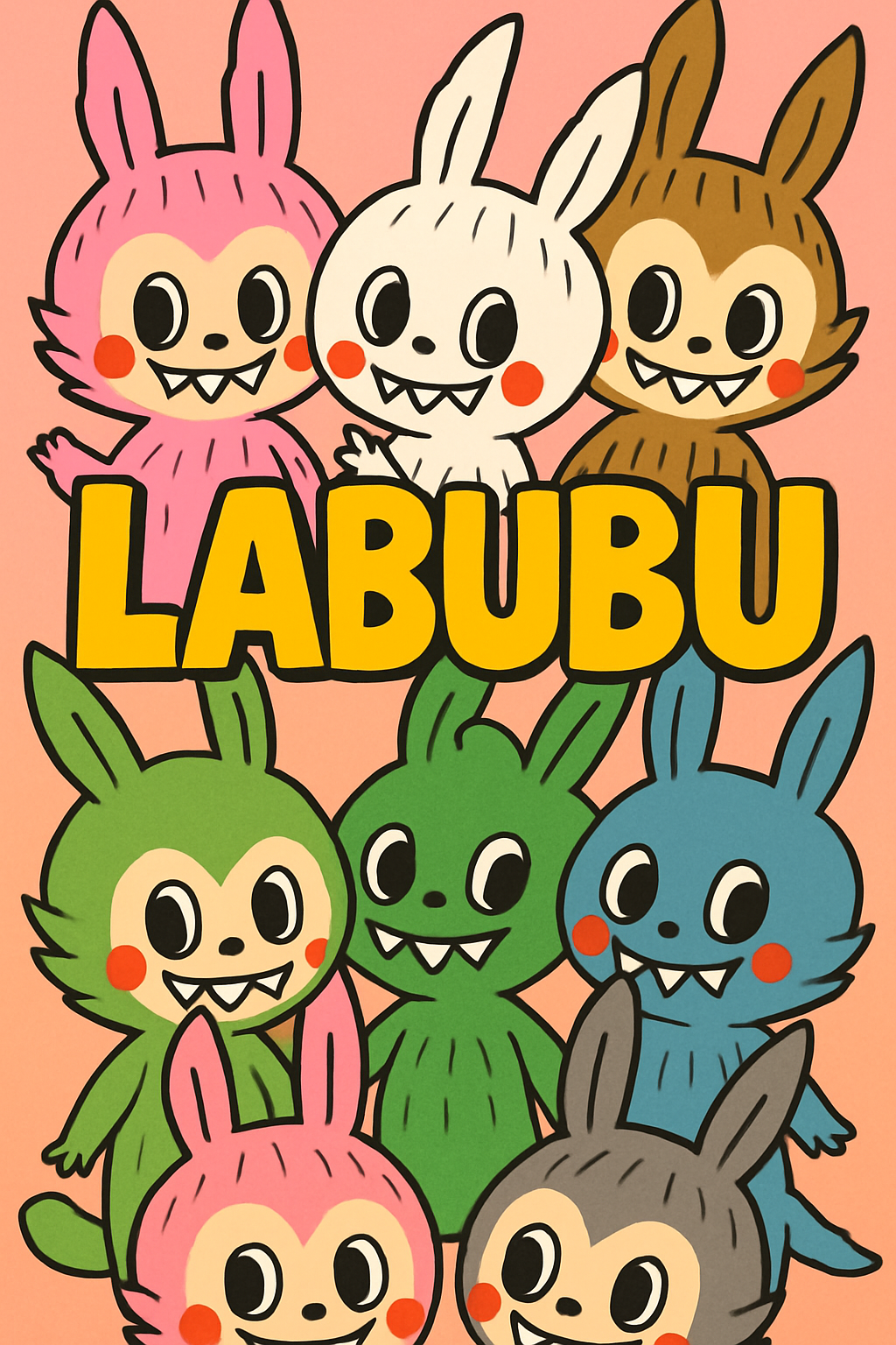 A vibrant 2D mobile wallpaper showcasing a collection of playful Labubu characters, each with unique fur colors — pink, white, brown, green, blue, and gray — gathered together against a soft pink gradient background. Bold “LABUBU” text rests in the center, surrounded by cartoon-style characters with large round eyes, red cheeks, pointy bunny-like ears, and sharp white teeth forming cute grins. The figures overlap in a lively, whimsical composition with clean, flat shading and bright comic-style colors. Vertical mobile wallpaper, high resolution (1080 × 1920)., illustrated as a high-resolution wallpaper.