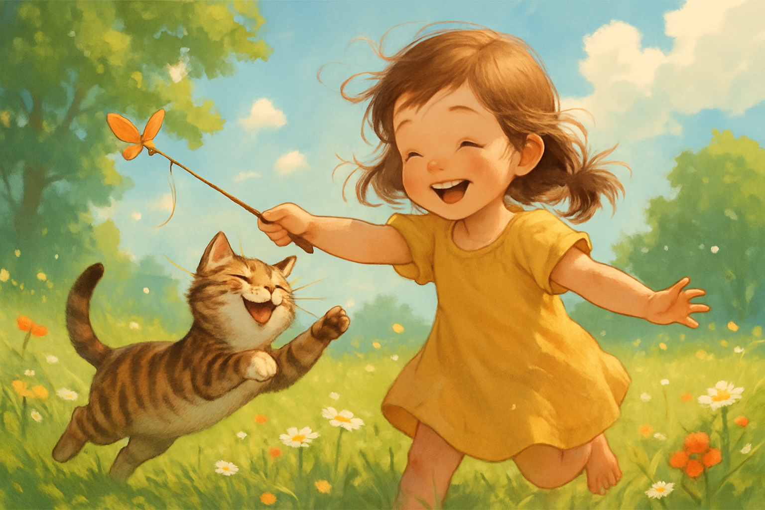一个小女孩和一只猫在快乐的玩耍, illustrated as a high-resolution wallpaper. 
