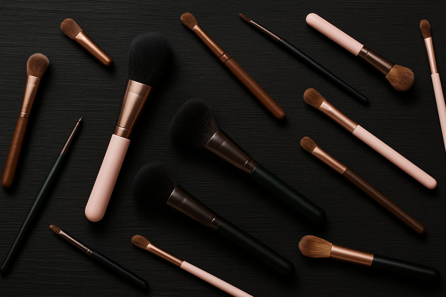 Pink,brown,black and dark green make up brushes scattered on black wooden backround