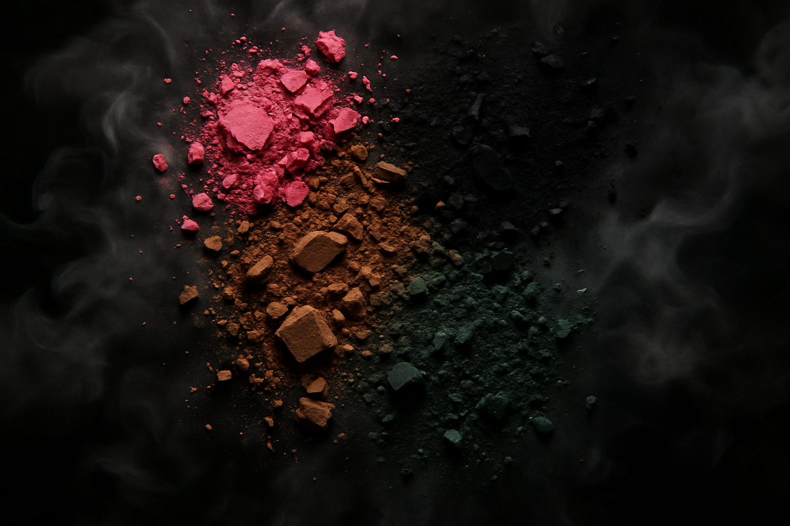 Pink,brown,black and dark green make up scattered on black smoke