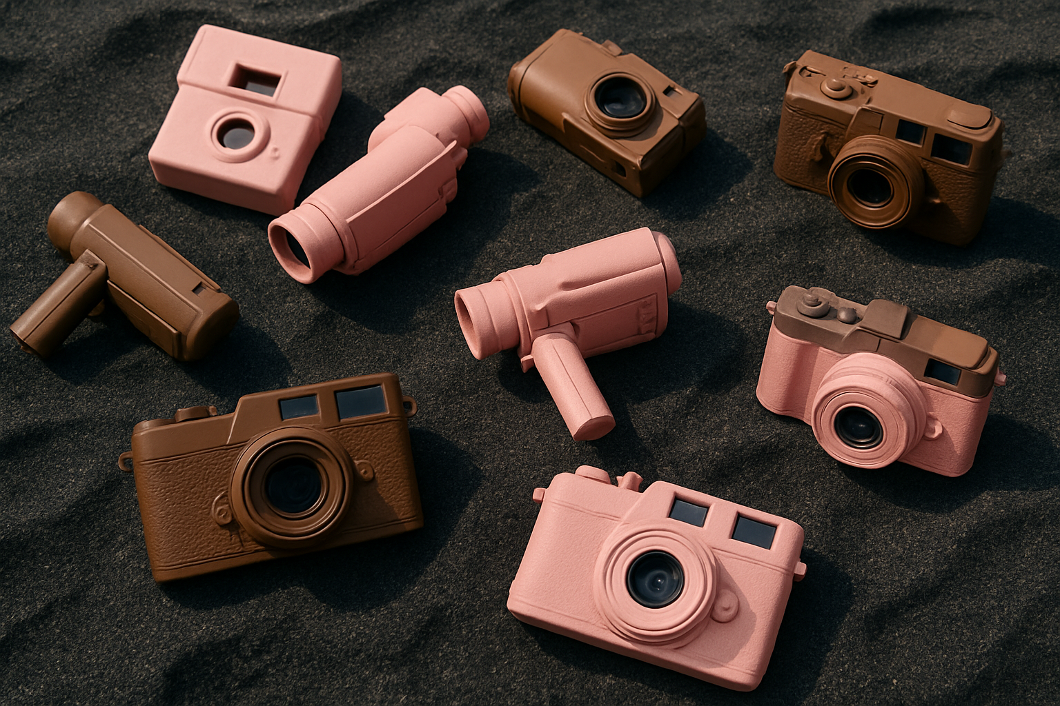 Pink, brown cameras, video cameras scattered on black sand