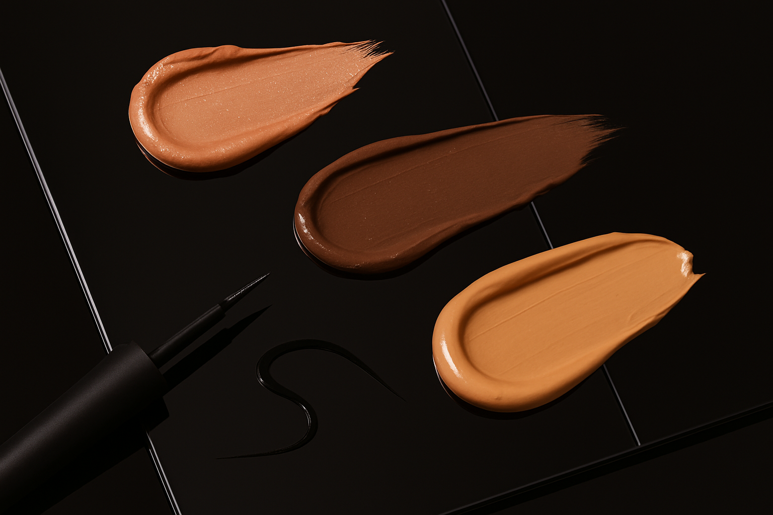 rose gold foundation, dark brown foundation, light brown foundation, eye liner scattered on big black mirrors 