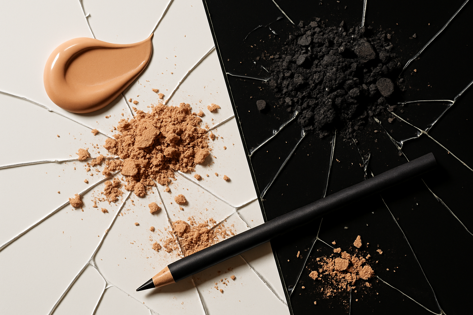 rose gold foundation, black dust, light brown dust, eye liner scattered on big white and black mirrors 